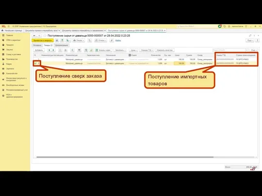 Поступление сверх заказа Поступление импортных товаров