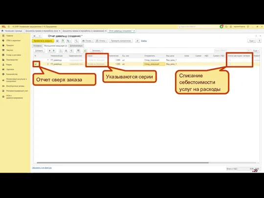 Списание себестоимости услуг на расходы Отчет сверх заказа Указываются серии