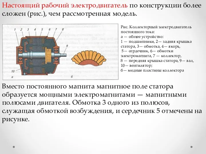 Настоящий рабочий электродвигатель по конструкции более сложен (рис.), чем рассмотренная модель. Рис.