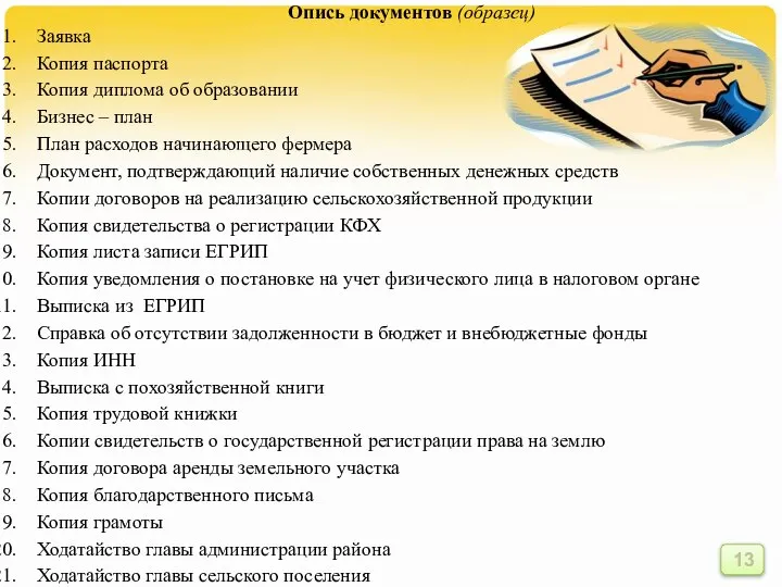 Опись документов (образец) Заявка Копия паспорта Копия диплома об образовании Бизнес –