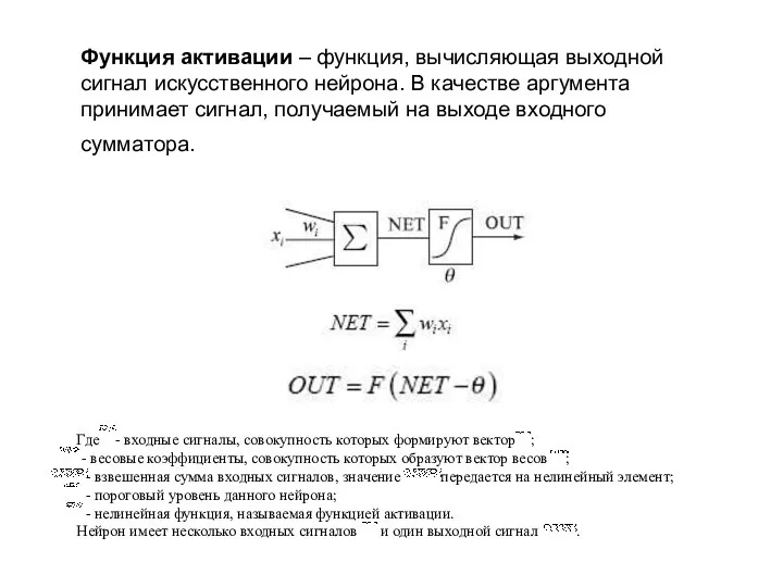 Где - входные сигналы, совокупность которых формируют вектор ; - весовые коэффициенты,