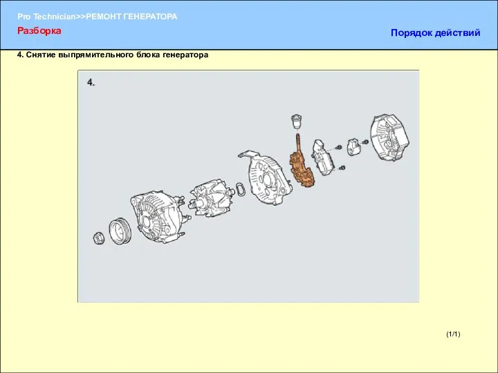 (1/1) 4. Снятие выпрямительного блока генератора Разборка Порядок действий