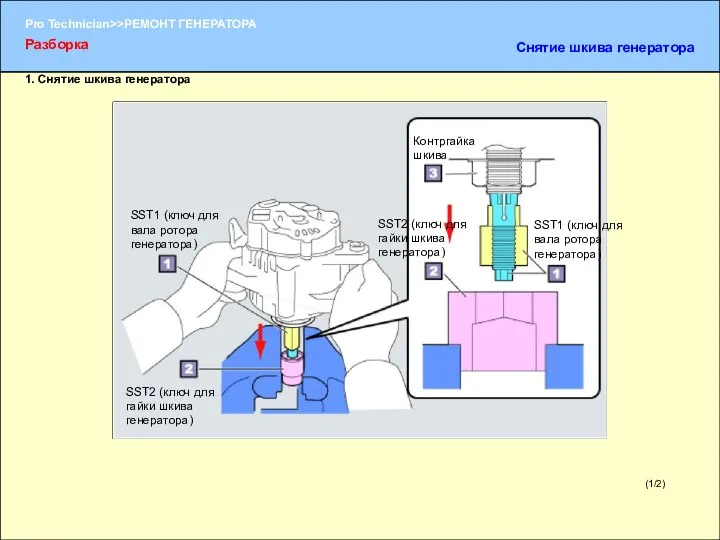 1. Снятие шкива генератора (1/2) Разборка Снятие шкива генератора SST1 (ключ для