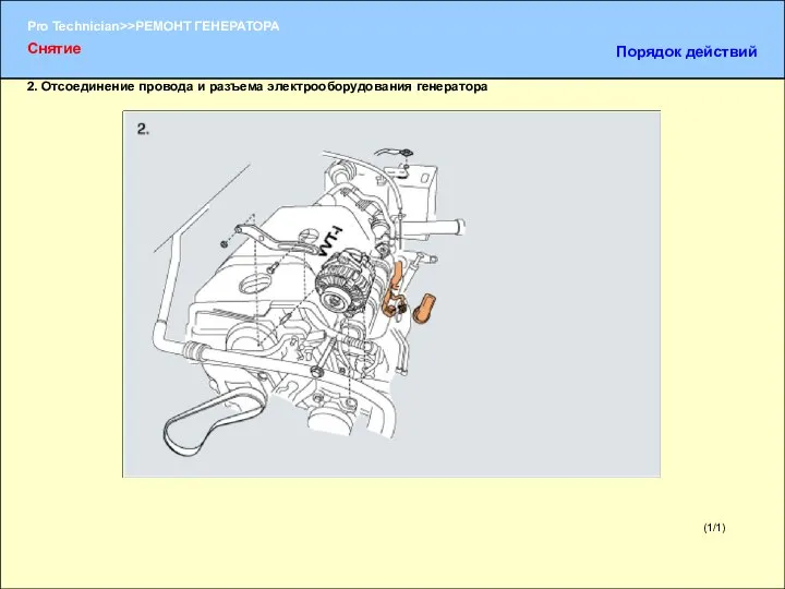 (1/1) 2. Отсоединение провода и разъема электрооборудования генератора Снятие Порядок действий