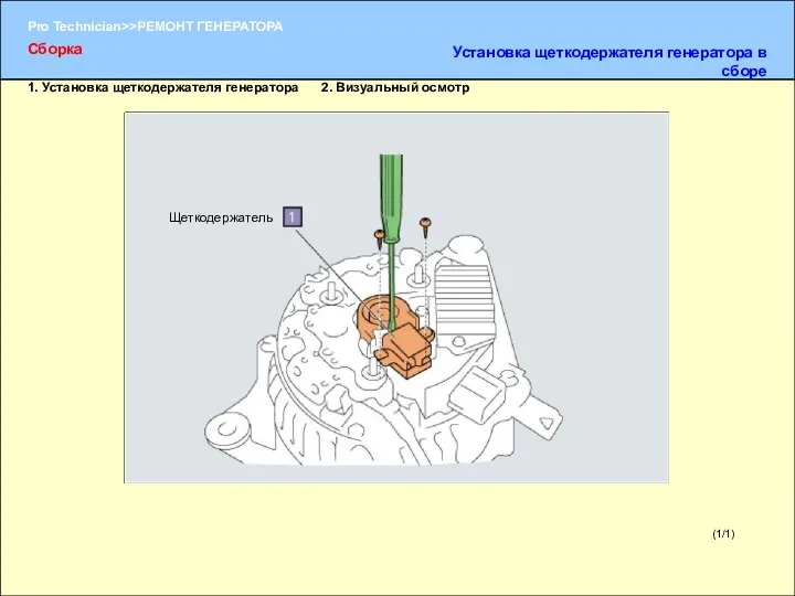 (1/1) Щеткодержатель Сборка Установка щеткодержателя генератора в сборе 1. Установка щеткодержателя генератора 2. Визуальный осмотр