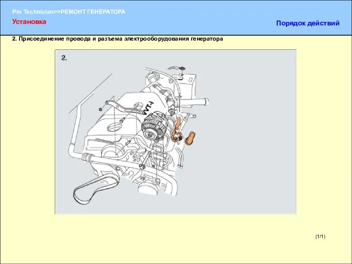 (1/1) 2. Присоединение провода и разъема электрооборудования генератора Установка Порядок действий