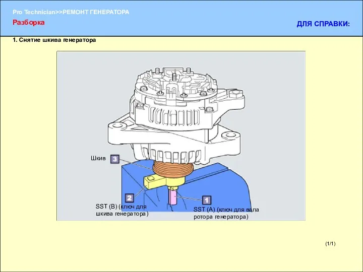 (1/1) 1. Снятие шкива генератора Разборка ДЛЯ СПРАВКИ: SST (А) (ключ для