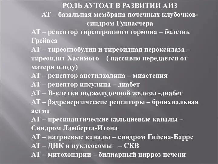 РОЛЬ АУТОАТ В РАЗВИТИИ АИЗ АТ – базальная мембрана почечных клубочков- синдром