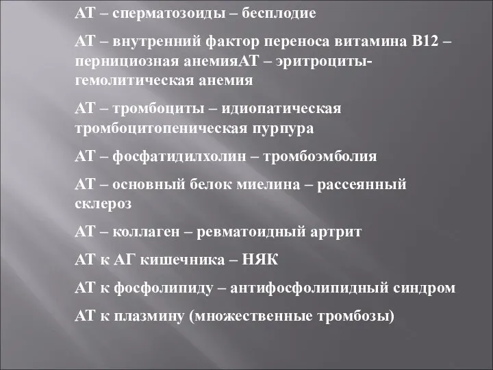 АТ – сперматозоиды – бесплодие АТ – внутренний фактор переноса витамина В12