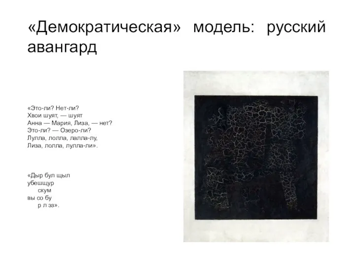 «Демократическая» модель: русский авангард «Это-ли? Нет-ли? Хвои шуят, — шуят Анна —