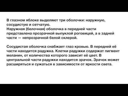 В глазном яблоке выделяют три оболочки: наружную, сосудистую и сетчатую. Наружная (белочная)