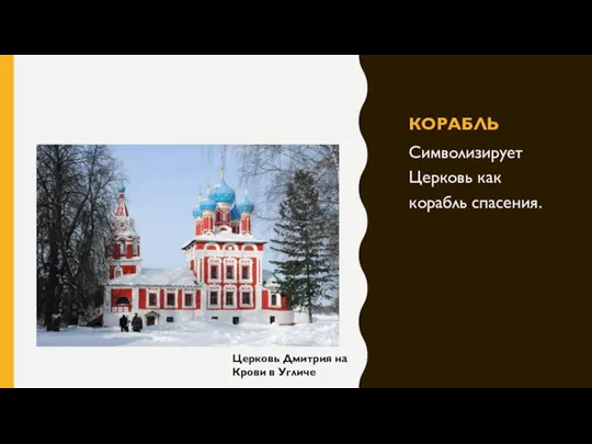 КОРАБЛЬ Символизирует Церковь как корабль спасения. Церковь Дмитрия на Крови в Угличе