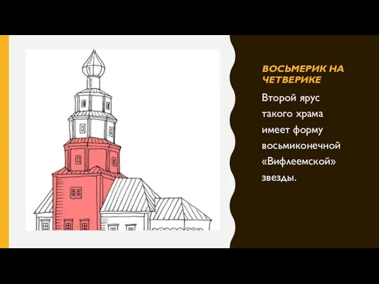 ВОСЬМЕРИК НА ЧЕТВЕРИКЕ Второй ярус такого храма имеет форму восьмиконечной «Вифлеемской» звезды.