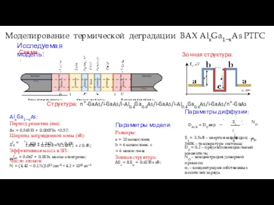 Моделирование термической деградации ВАХ AlxGa1−xAs РТГС Исследуемая модель: Схема: Зонная структура: AlxGa1−xAs: