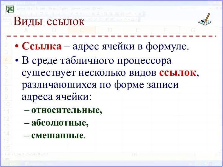 Виды ссылок Ссылка – адрес ячейки в формуле. В среде табличного процессора