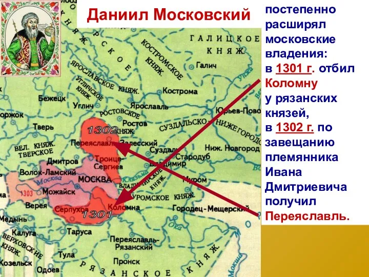 постепенно расширял московские владения: в 1301 г. отбил Коломну у рязанских князей,