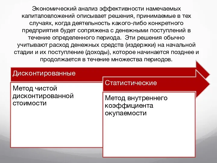 Экономический анализ эффективности намечаемых капиталовложений описывает решения, принимаемые в тех случаях, когда