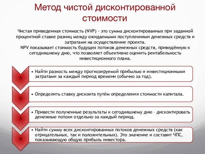 Метод чистой дисконтированной стоимости Чистая приведенная стоимость (NVP) - это сумма дисконтированных