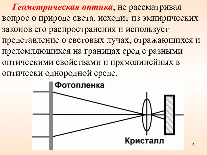 Геометрическая оптика, не рассматривая вопрос о природе света, исходит из эмпирических законов