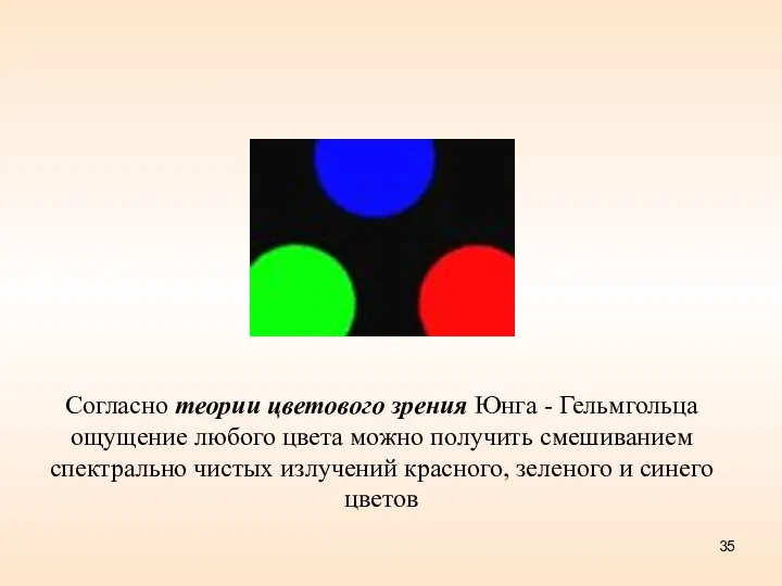 Согласно теории цветового зрения Юнга - Гельмгольца ощущение любого цвета можно получить