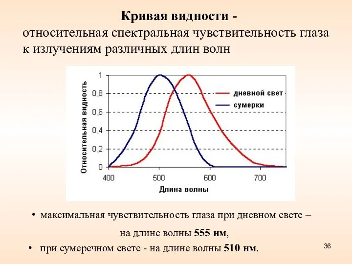 максимальная чувствительность глаза при дневном свете – на длине волны 555 нм,