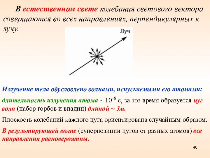 В естественном свете колебания светового вектора совершаются во всех направлениях, перпендикулярных к