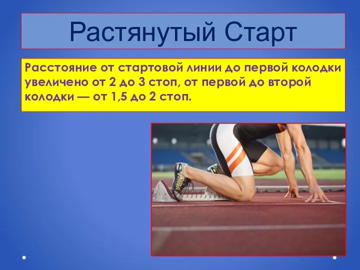 Растянутый Старт Расстояние от стартовой линии до первой колодки увеличено от 2