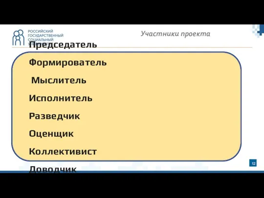 Участники проекта Председатель Формирователь Мыслитель Исполнитель Разведчик Оценщик Коллективист Доводчик