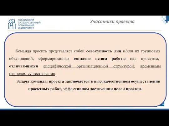 Участники проекта Команда проекта представляет собой совокупность лиц и/или их групповых объединений,