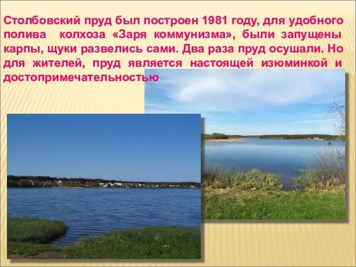 Столбовский пруд был построен 1981 году, для удобного полива колхоза «Заря коммунизма»,