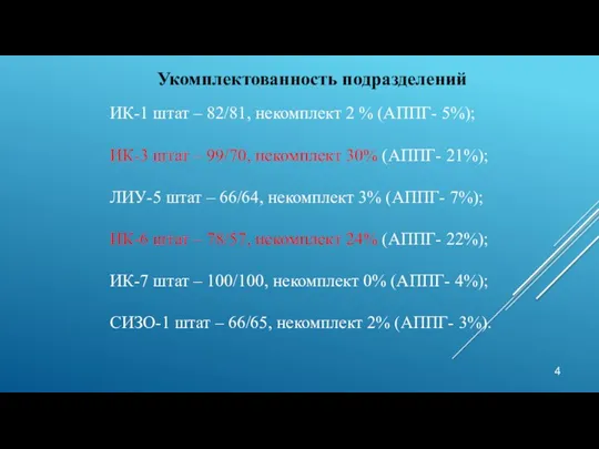 Укомплектованность подразделений ИК-1 штат – 82/81, некомплект 2 % (АППГ- 5%); ИК-3