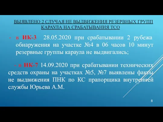 ВЫЯВЛЕНО 2 СЛУЧАЯ НЕ ВЫДВИЖЕНИЯ РЕЗЕРВНЫХ ГРУПП КАРАУЛА НА СРАБАТЫВАНИЯ ТСО в