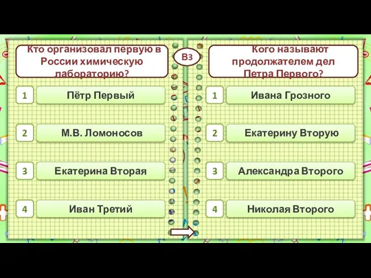 Екатерину Вторую Ивана Грозного М.В. Ломоносов Иван Третий Пётр Первый Екатерина Вторая