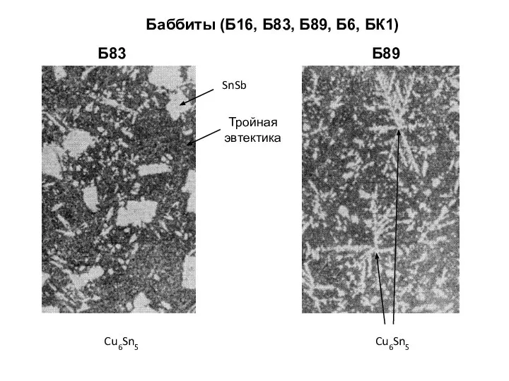 Баббиты (Б16, Б83, Б89, Б6, БК1) SnSb Тройная эвтектика Cu6Sn5 Б83 Б89 Cu6Sn5