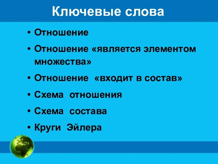 Ключевые слова Отношение Отношение «является элементом множества» Отношение «входит в состав» Схема