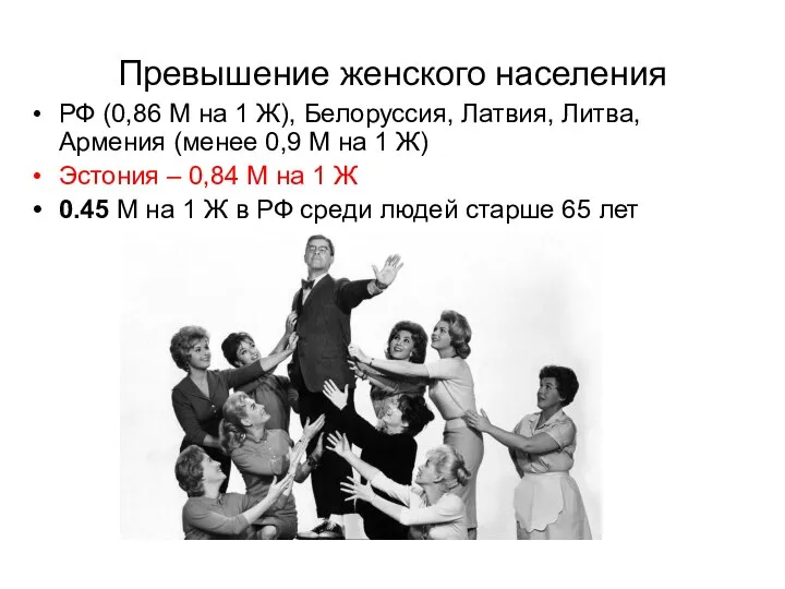Превышение женского населения РФ (0,86 М на 1 Ж), Белоруссия, Латвия, Литва,