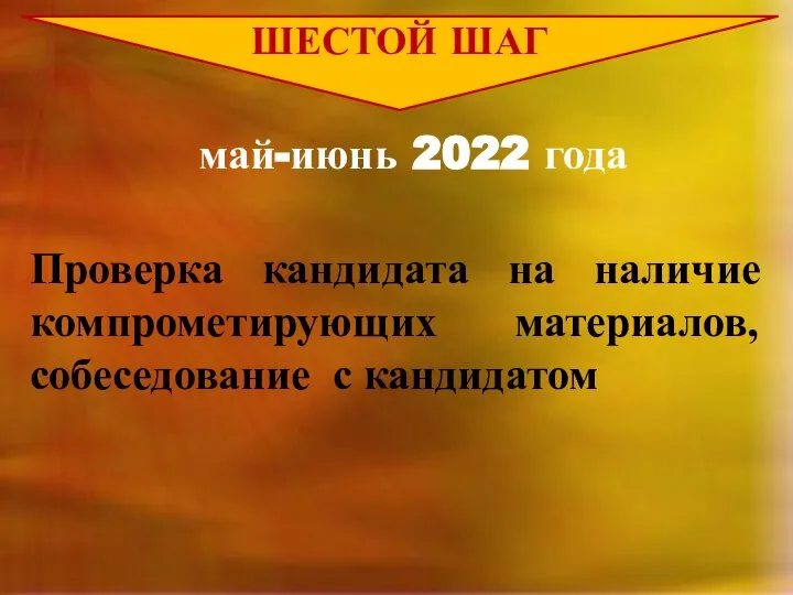 ШЕСТОЙ ШАГ май-июнь 2022 года Проверка кандидата на наличие компрометирующих материалов, собеседование с кандидатом