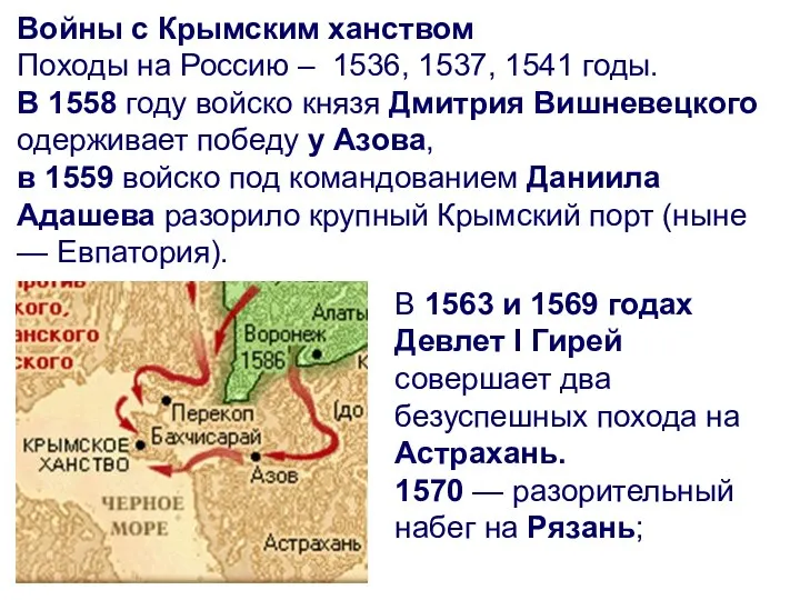 Войны с Крымским ханством Походы на Россию – 1536, 1537, 1541 годы.
