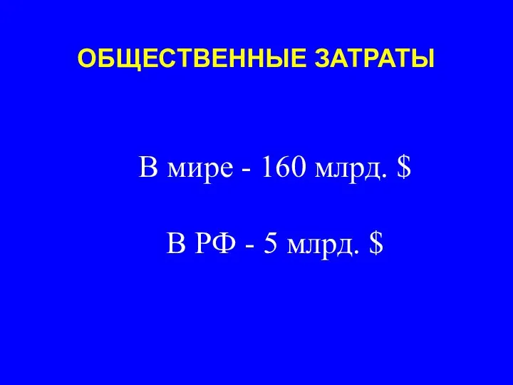 ОБЩЕСТВЕННЫЕ ЗАТРАТЫ В мире - 160 млрд. $ В РФ - 5 млрд. $