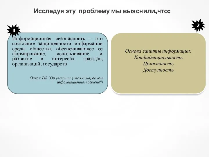 Исследуя эту проблему мы выяснили,что: Информационная безопасность – это состояние защищенности информации