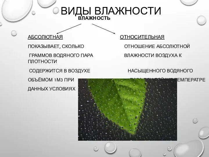 ВИДЫ ВЛАЖНОСТИ ВЛАЖНОСТЬ АБСОЛЮТНАЯ ОТНОСИТЕЛЬНАЯ ПОКАЗЫВАЕТ, СКОЛЬКО ОТНОШЕНИЕ АБСОЛЮТНОЙ ГРАММОВ ВОДЯНОГО ПАРА