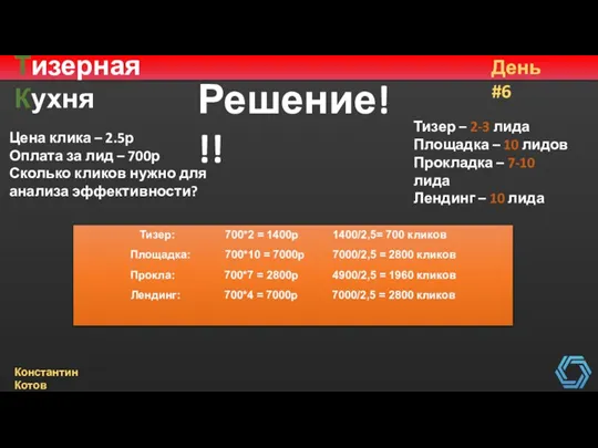 Тизерная Кухня День #6 Константин Котов Решение!!! Цена клика – 2.5р Оплата