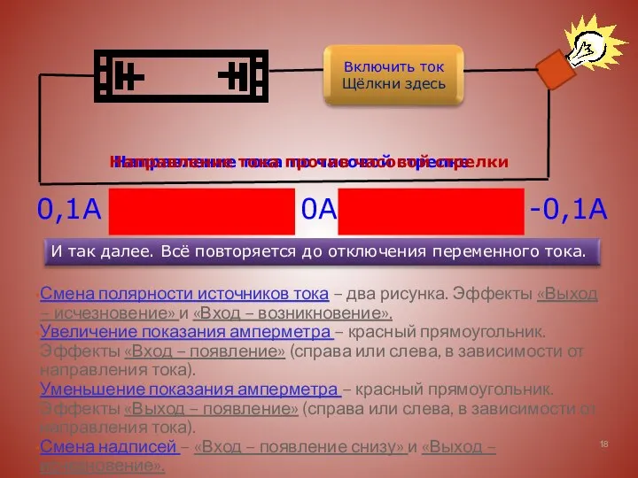 Смена полярности источников тока – два рисунка. Эффекты «Выход – исчезновение» и