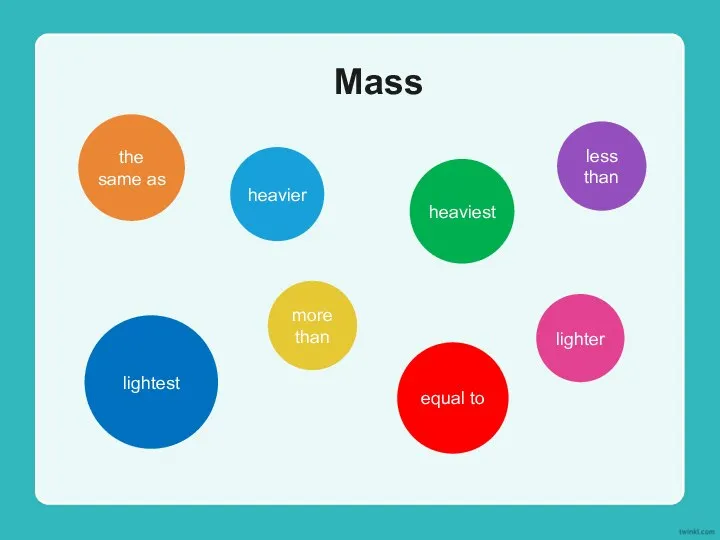 Mass the same as heavier heaviest lighter lightest more than less than equal to