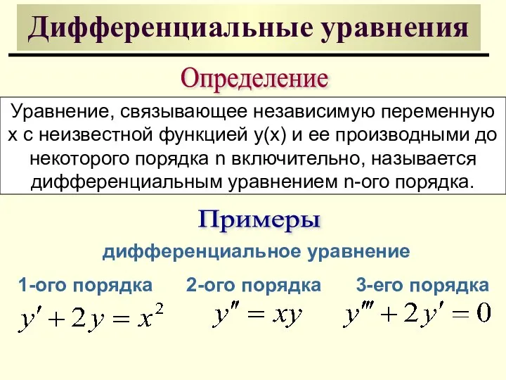 Дифференциальные уравнения Определение Уравнение, связывающее независимую переменную x с неизвестной функцией y(x)