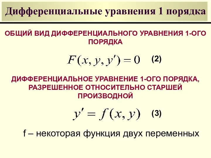 Дифференциальные уравнения 1 порядка ОБЩИЙ ВИД ДИФФЕРЕНЦИАЛЬНОГО УРАВНЕНИЯ 1-ОГО ПОРЯДКА (2) ДИФФЕРЕНЦИАЛЬНОЕ