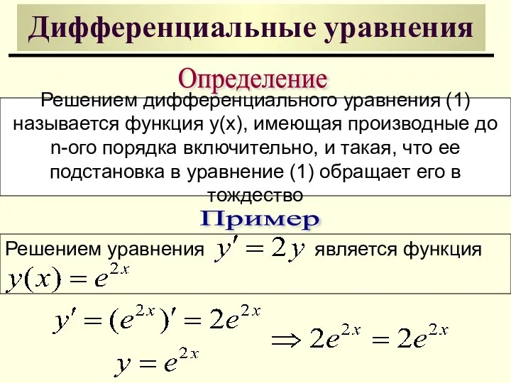 Дифференциальные уравнения Определение Решением дифференциального уравнения (1) называется функция y(x), имеющая производные