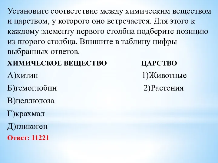 Установите соответствие между химическим веществом и царством, у которого оно встречается. Для