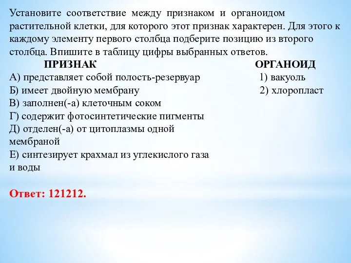 Установите соответствие между признаком и органоидом растительной клетки, для которого этот признак