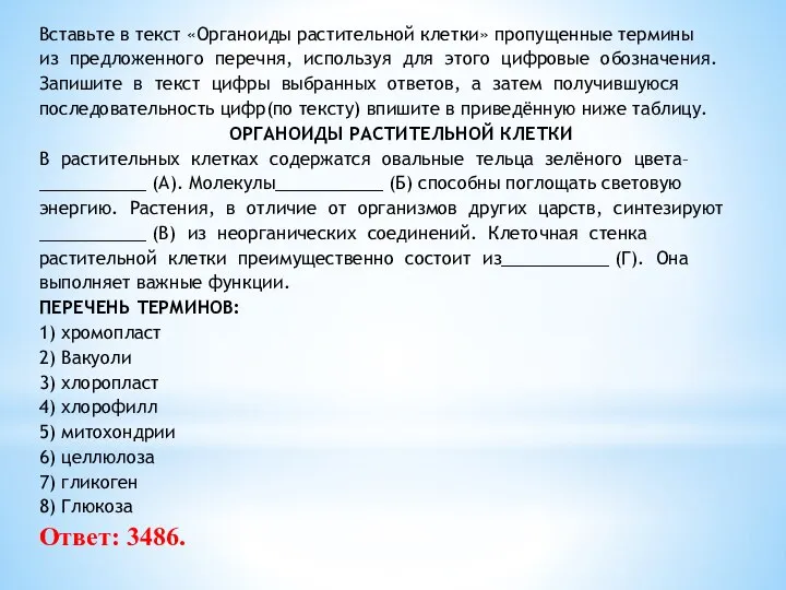 Вставьте в текст «Органоиды растительной клетки» пропущенные термины из предложенного перечня, используя